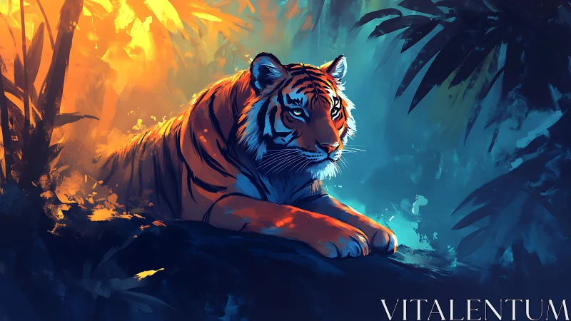 Tiger resting where jungle firelight meets cool twilight.