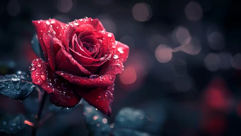 Crimson Rose with Dewdrops Against Bokeh Background.