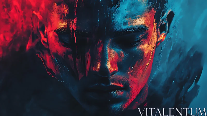 Fire and frost wrestle quietly across a painted human face