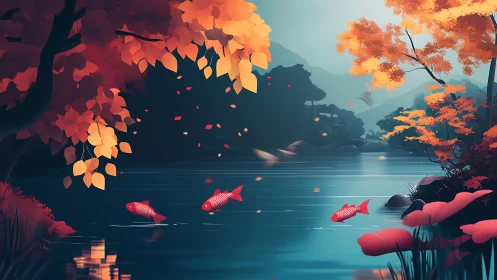Crimson koi sketch slow circles beneath burning autumn trees