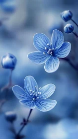 Blue flower petals in soft focus with botanical buds.