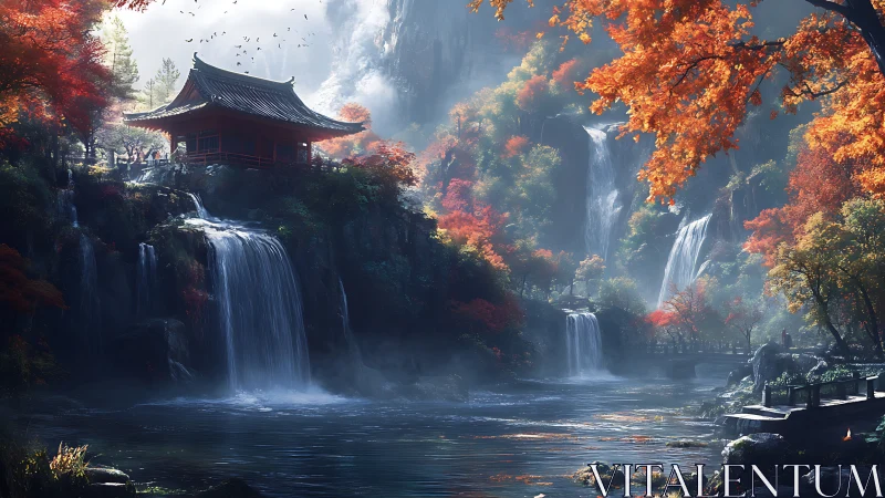 Temple above cascading waterfalls amid vibrant autumn forest.