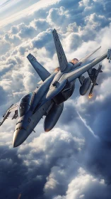 Fighter jet slices through sunlit storm clouds at altitude