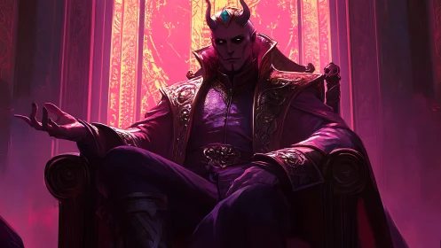 Demonic monarch seated on throne under saturated magenta backlight