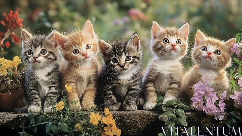 Five Kittens in Garden with Vibrant Flowers.
