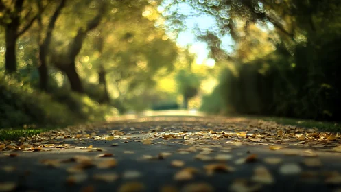 Whispering leaf-strewn path glowing in dreamy autumn light.