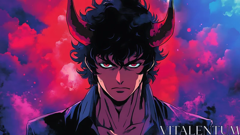 Storm-eyed demon antihero amid neon inferno clouds.