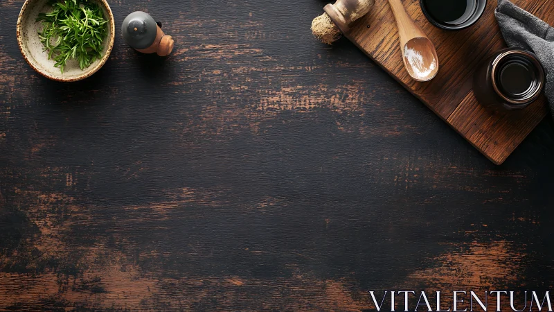 Seasoning workspace on distressed dark timber surface.