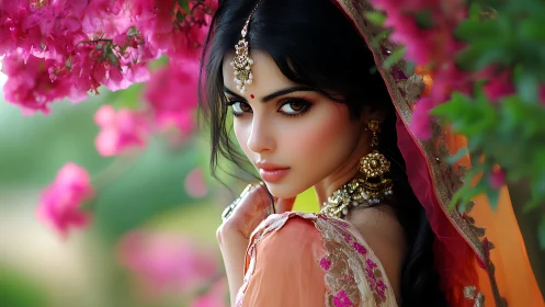 Bridal portrait glows amid vivid pink floral bokeh.