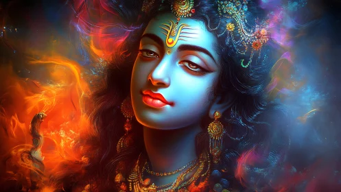 Divine blue-faced deity portrait in fiery vivid colors.