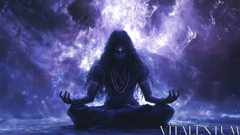 Seated meditative figure is centered within luminous violet aura