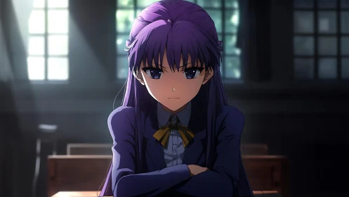 Anime student in dramatic classroom chiaroscuro lighting