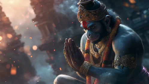 Praying monkey warrior bends dusk light around jeweled devotion