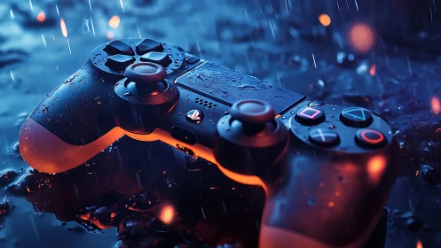 Wet gaming controller under neon rain on reflective ground.