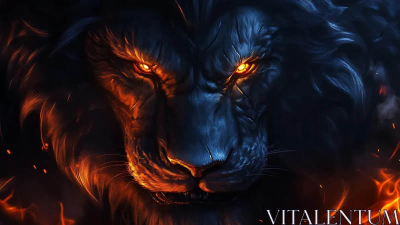 Fiery-eyed lion portrait in blue-orange dual lighting.