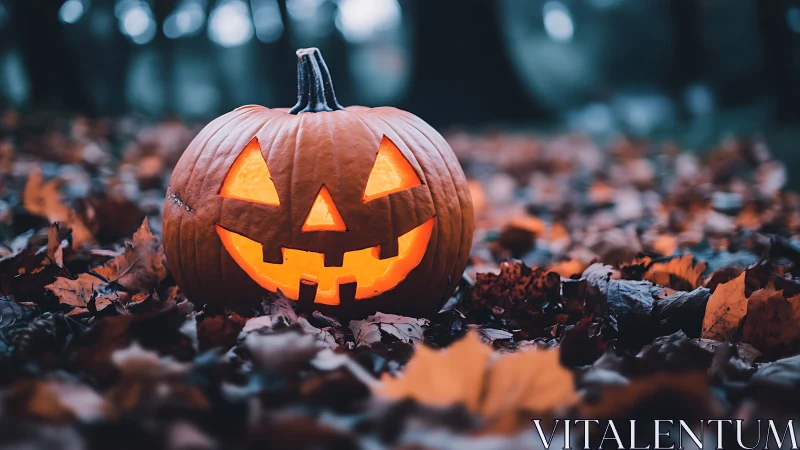 Jack-o-lantern glows among autumn leaves in moody forest dusk.
