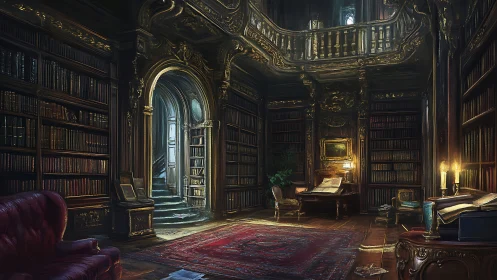 Lavish old-world library glows with warm candlelit mystery