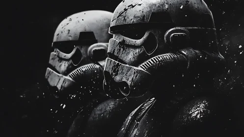 Armored sci-fi soldiers rendered in gritty monochrome close-up