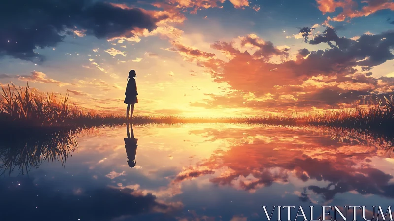 Girl silhouette mirrors against blazing sunset sky reflection