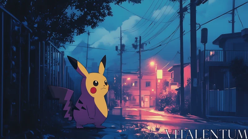 Pikachu stands in neon-lit rainy suburban street twilight.