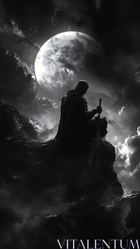 Lone cloaked warrior grips sword beneath luminous moon