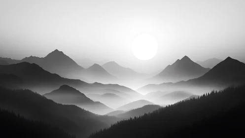Monochrome sunlit mountain layers in atmospheric mistscape.