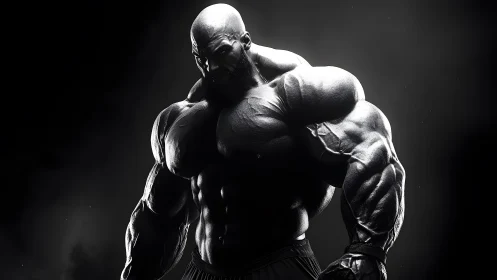 Hyper-muscular man in dramatic black and white bodybuilding portrait.