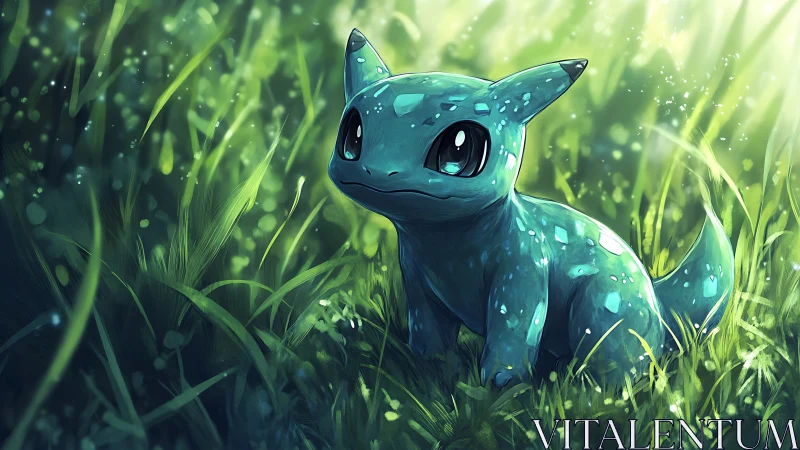 Shy blue forest creature resting softly in glowing grass.