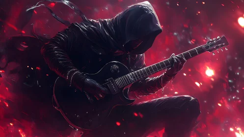 Hooded midnight guitarist ignites a crimson storm solo.