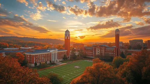 Autumn campus skyline captures neoclassical quad at sunset