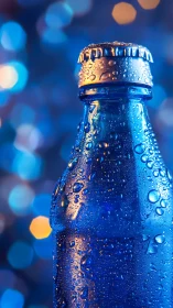 Chilled blue glass bottle glows against soft bokeh lights.