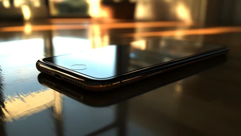Smartphone rendered with shallow depth, glossy reflections and bokeh