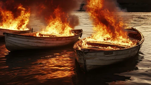 Dramatic Flames Consume Wooden Boats on Tranquil Water