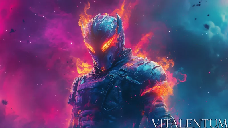 Blazing armored warrior strides through neon cosmic flames