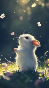 Tiny white mouse delighting in soft drifting petals.