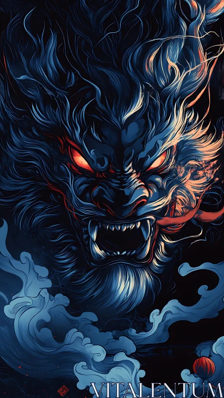 Mythic dragon head with glowing eyes amid swirling clouds.