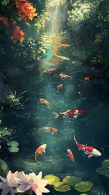 Koi fish swim through sunlit forest pond with floating lilies.