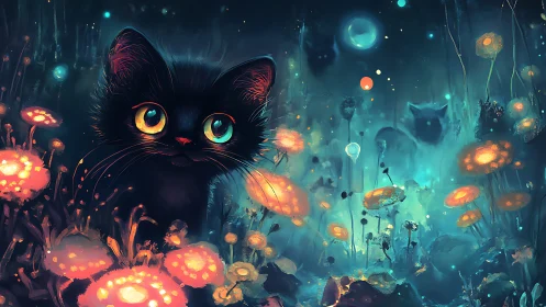 Black cat with luminous golden eyes in bioluminescent fantasy garden.
