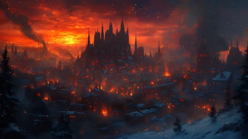 Medieval Gothic City Engulfed in Flames During Dusk Conditions