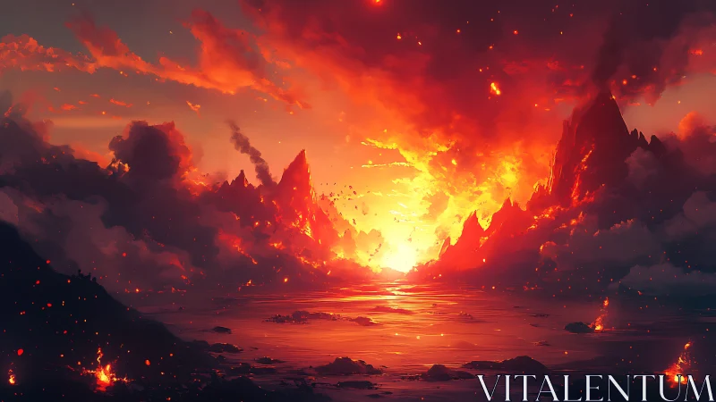 Apocalyptic Sunset Over Fiery Mountain Landscape
