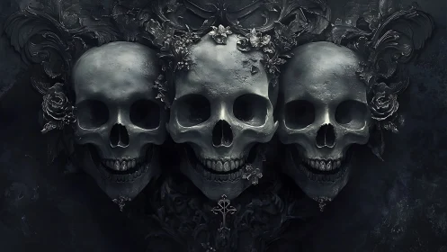 Triad of baroque skulls crowned with ghostly stone blooms.