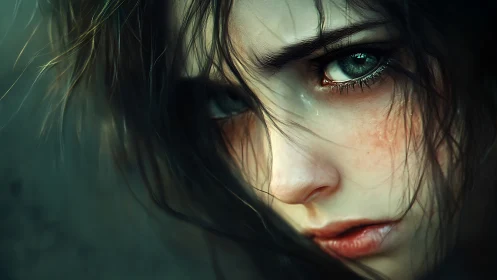 Stormlit eyes of sorrowed girl in haunting close portrait.