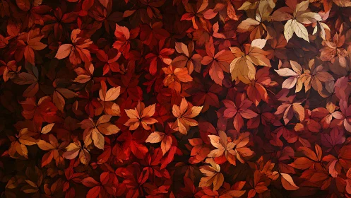 Dense layered pattern of red and orange autumn leaves.
