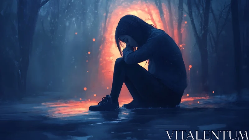 Solitary figure in blue forest against radiant backlight glow