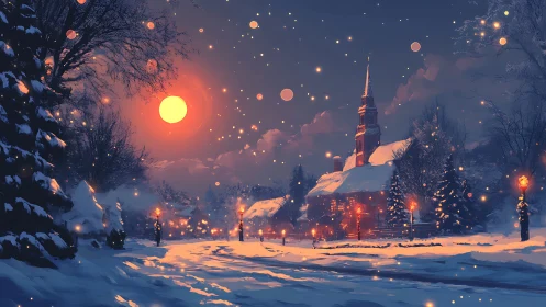 Winter village church glows beneath a warm enchanted sky.