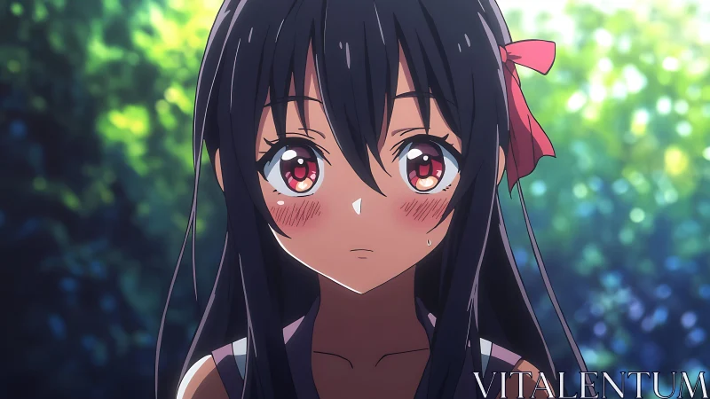 Shy anime girl with flushed cheeks in glowing forest light.