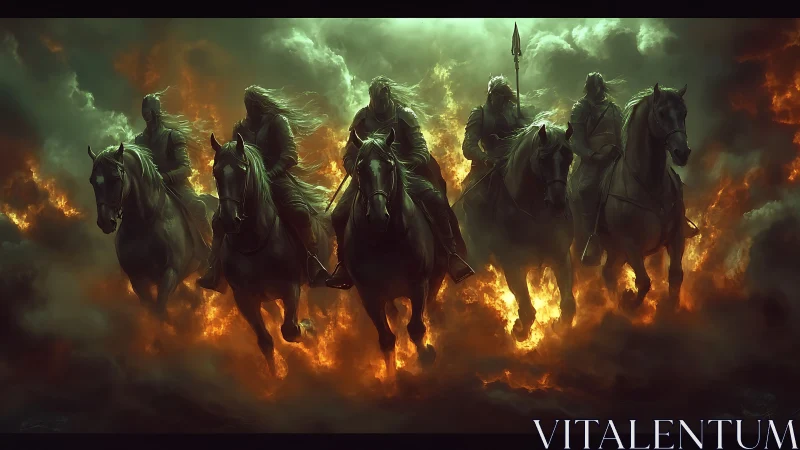 Dark riders on horseback crossing firelit storm clouds.