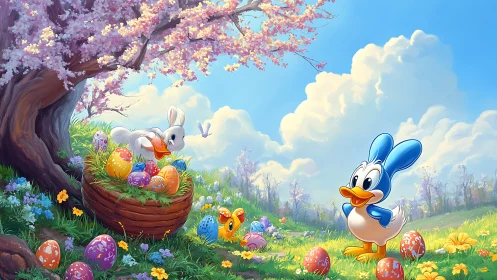 Pastel Easter meadow with stylized toon animals and glossy eggs