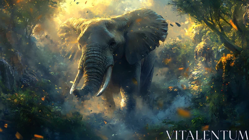 Sunlit jungle elephant stepping through glowing mist.