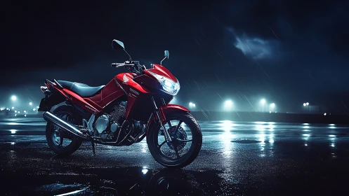 Scarlet night rider poised on rain‑slick neon asphalt.